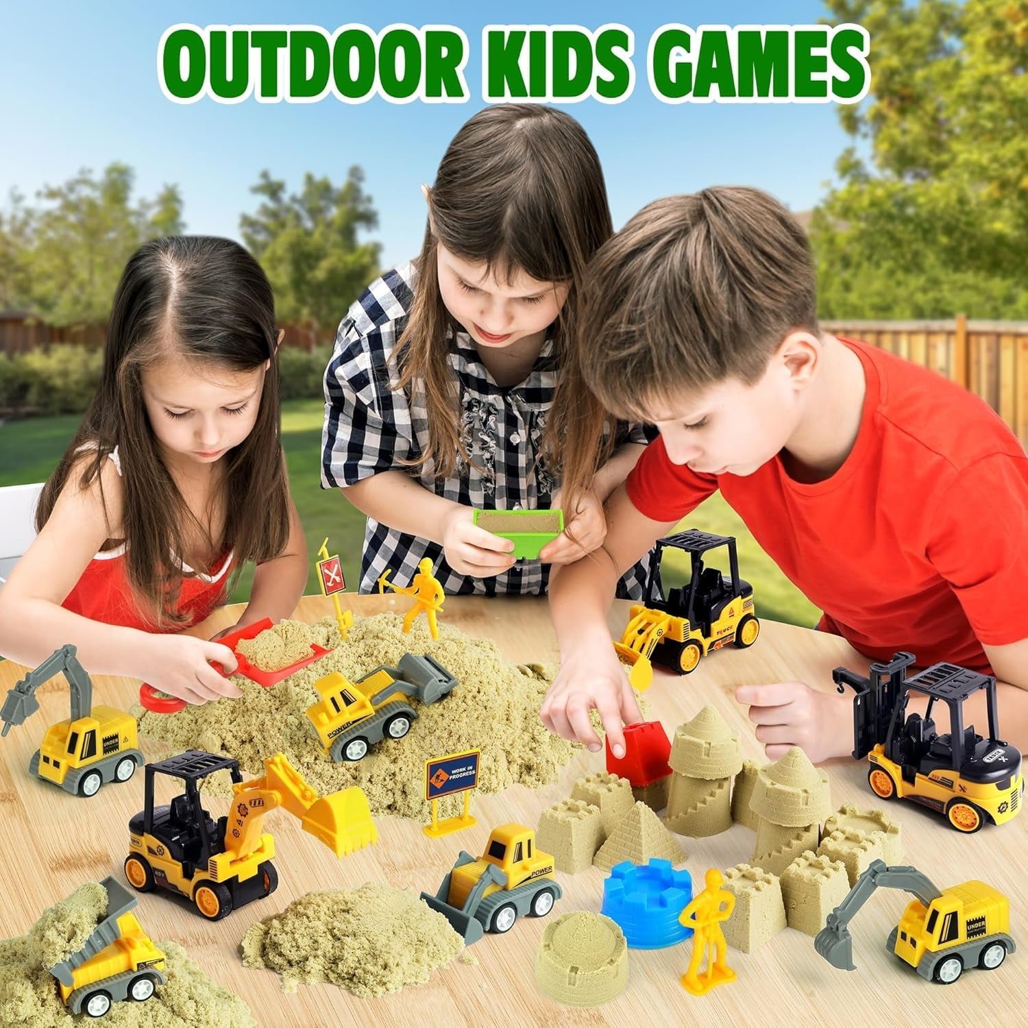 Billeeit Sand Construction Kit with 2.2lbs Play Sand, Large Foldable Sandbox, Construction Trucks, Castle Molds, and 36PCS Total Accessories, Creative Sand Play Set for Kids Ages 3+