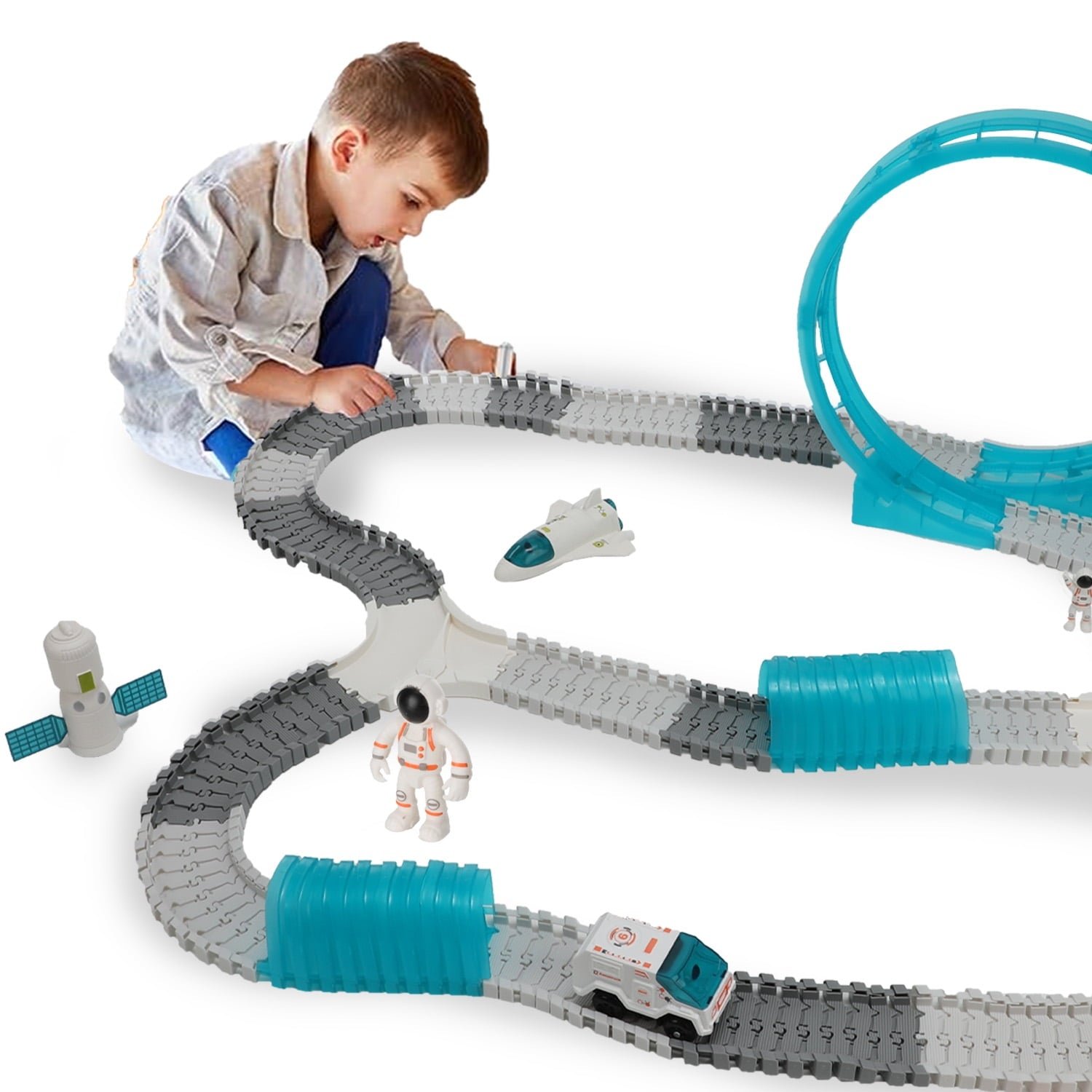 Petbank Space Toys for Kids, 233PCS STEM Train Toys with Light up Car and 2 Astronaut Dolls, DIY Flexible Race Track Birthday Xmas Gifts Set for Girls & Boys Aged 3-10