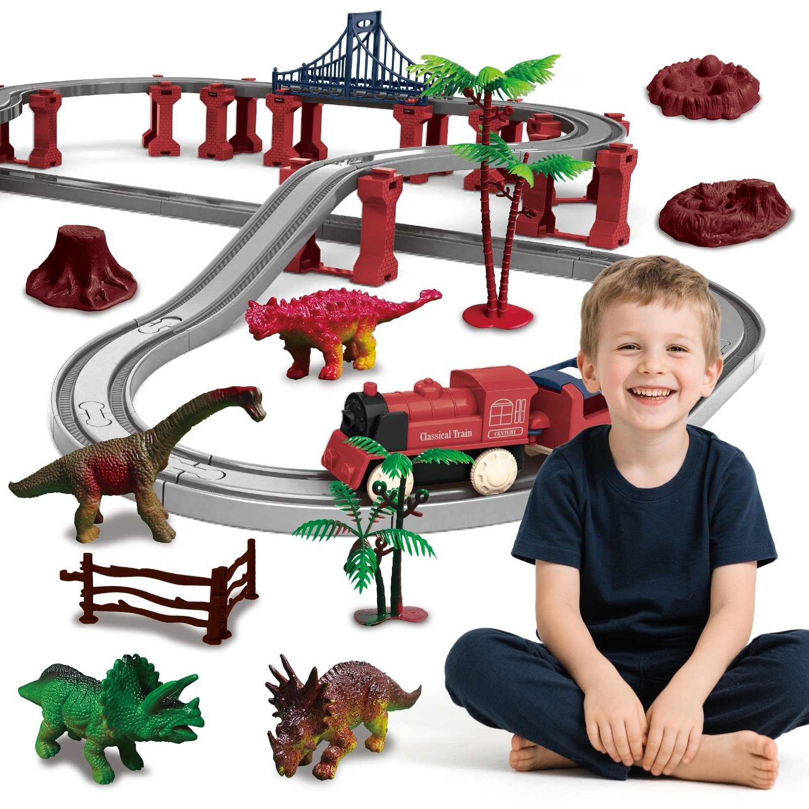 Dinosaur Train Set - Electric Train Toys For Kids With Dinosaur Figures & Play Mat, Large Train Track With Bridge, Toy Model Train For Toddlers