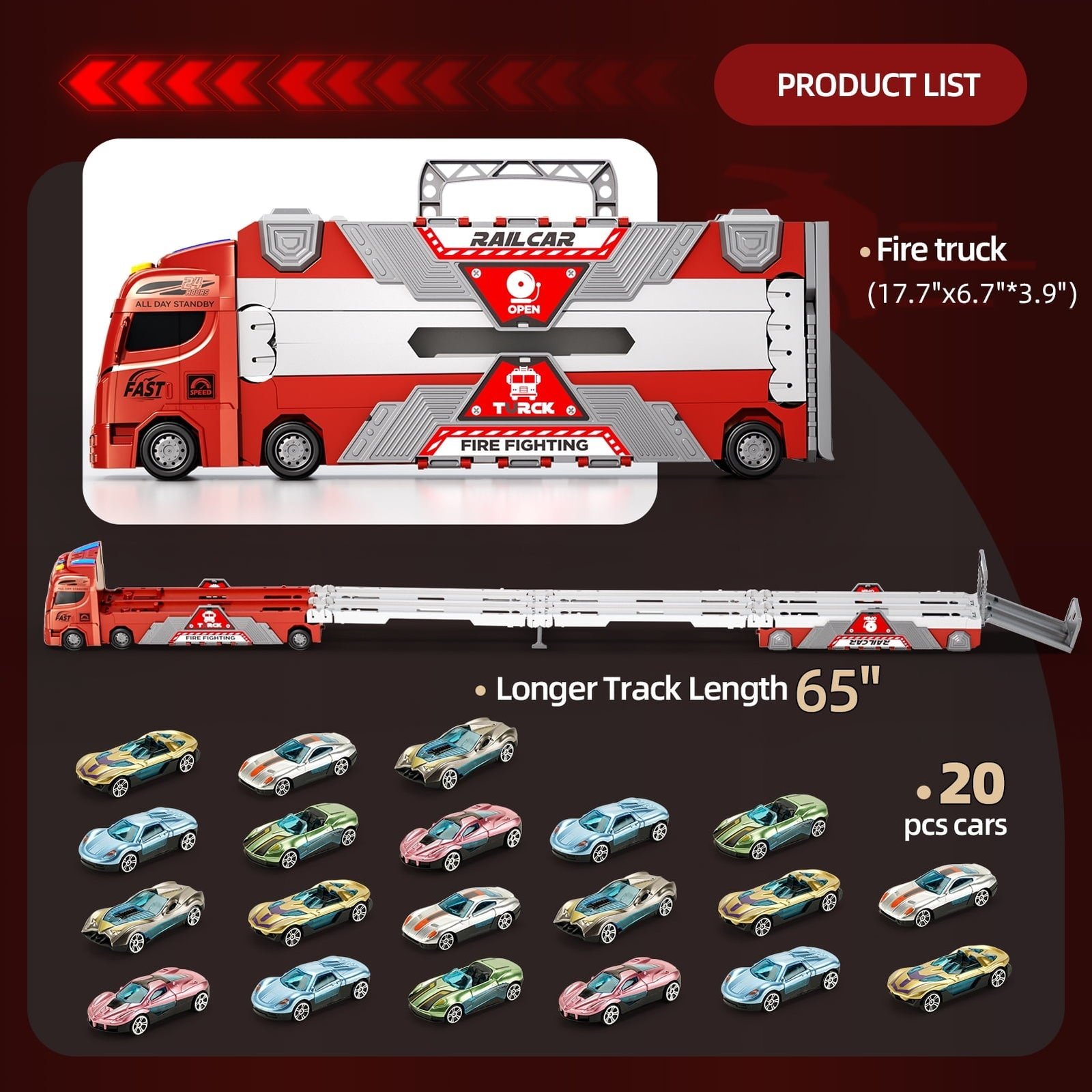 Jiakora Fire Engine Transport Truck Car Toy for Kids, 3-in-1 Ejection Folding Track Toys, Portable Truck with 20 Race Cars, Best Gift for Boys Girls Kids