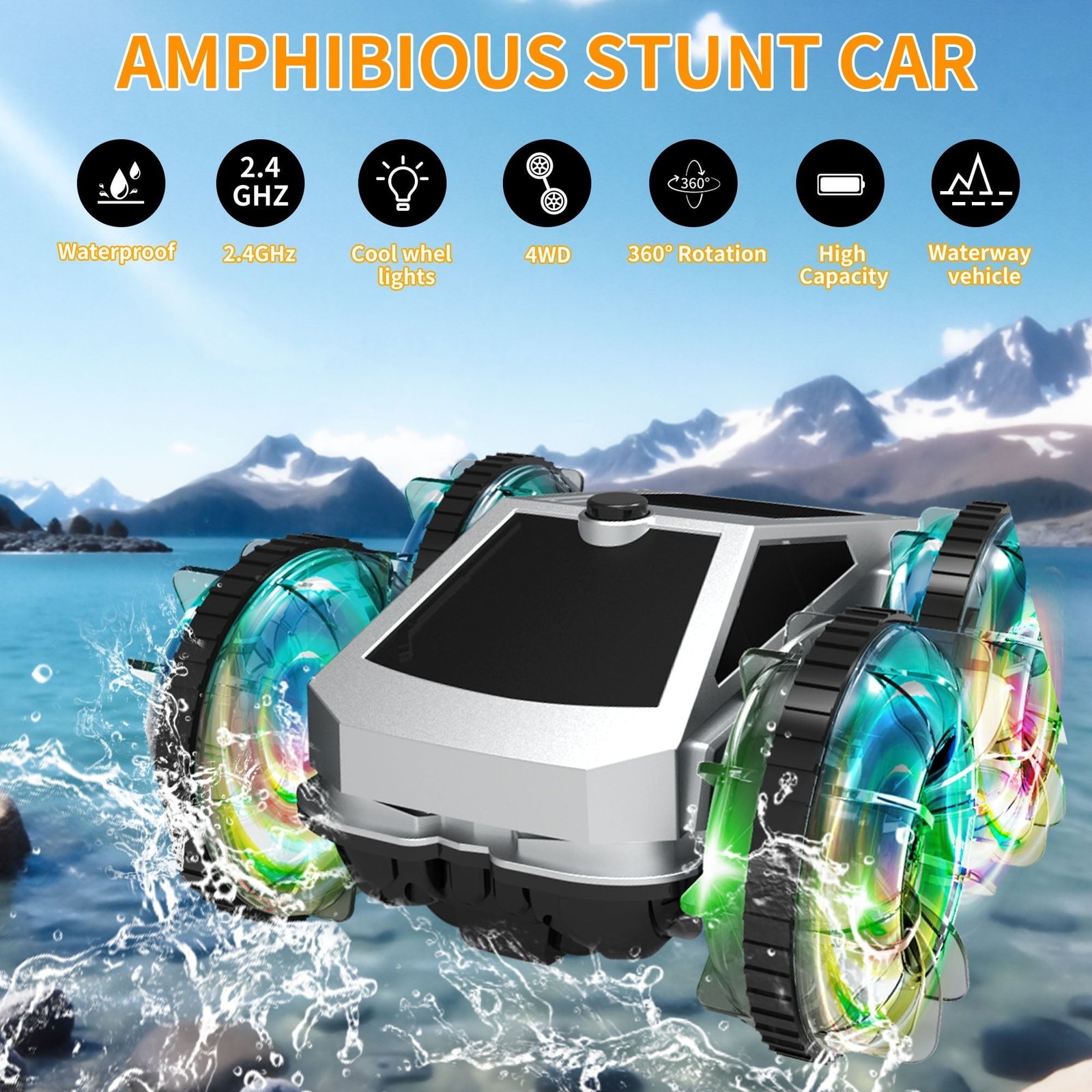 UUGEE Remote Control Car Car Toys for Boys, 2.4 GHz 4WD Amphibious RC Car Boat, 360°Rotation RC Truck Stunt Cars with LED Lights, Christmas Birthday Gifts for 8 9 10 Kids Girls