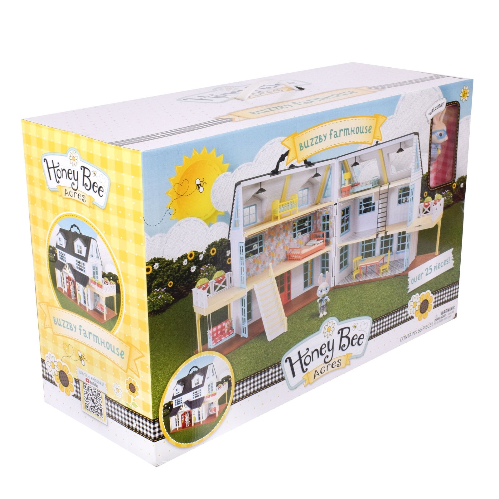 Honey Bee Acres Buzzby Farmhouse – 25 Piece Three-Story Country Dollhouse with Furniture & Exclusive Rabbit Figure – Doll Playset for Kids Ages 3+