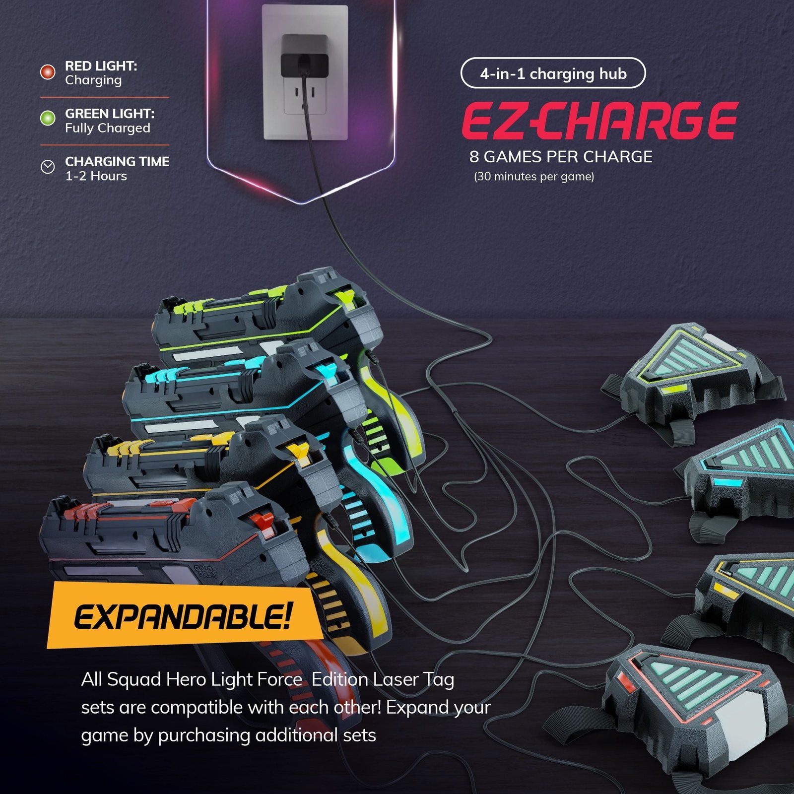 Hero Squad Rechargeable Laser Tag - 360 Sensors & LCDs - Set of 4 - Gift for Kids, Teens & Adults