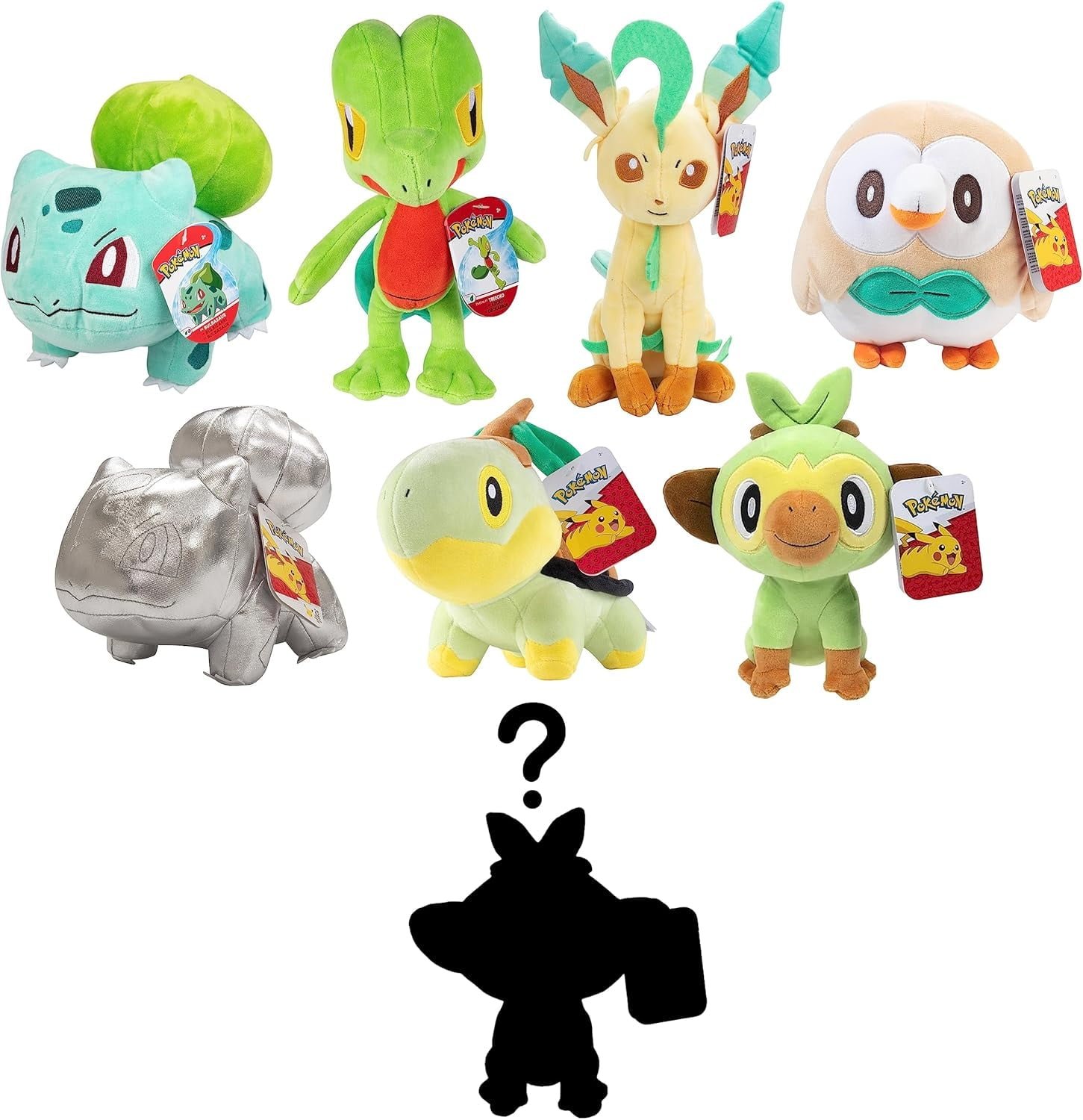 Pokemon Fire, Grass & Water Type 8" Plush Assorted Blind Box 3-Pack - Receive 3 Randomly Selected Characters & Rare Collectible Silver Starters - Surprise Stuffed Animal Toy Figures- Gift for Kids 2+
