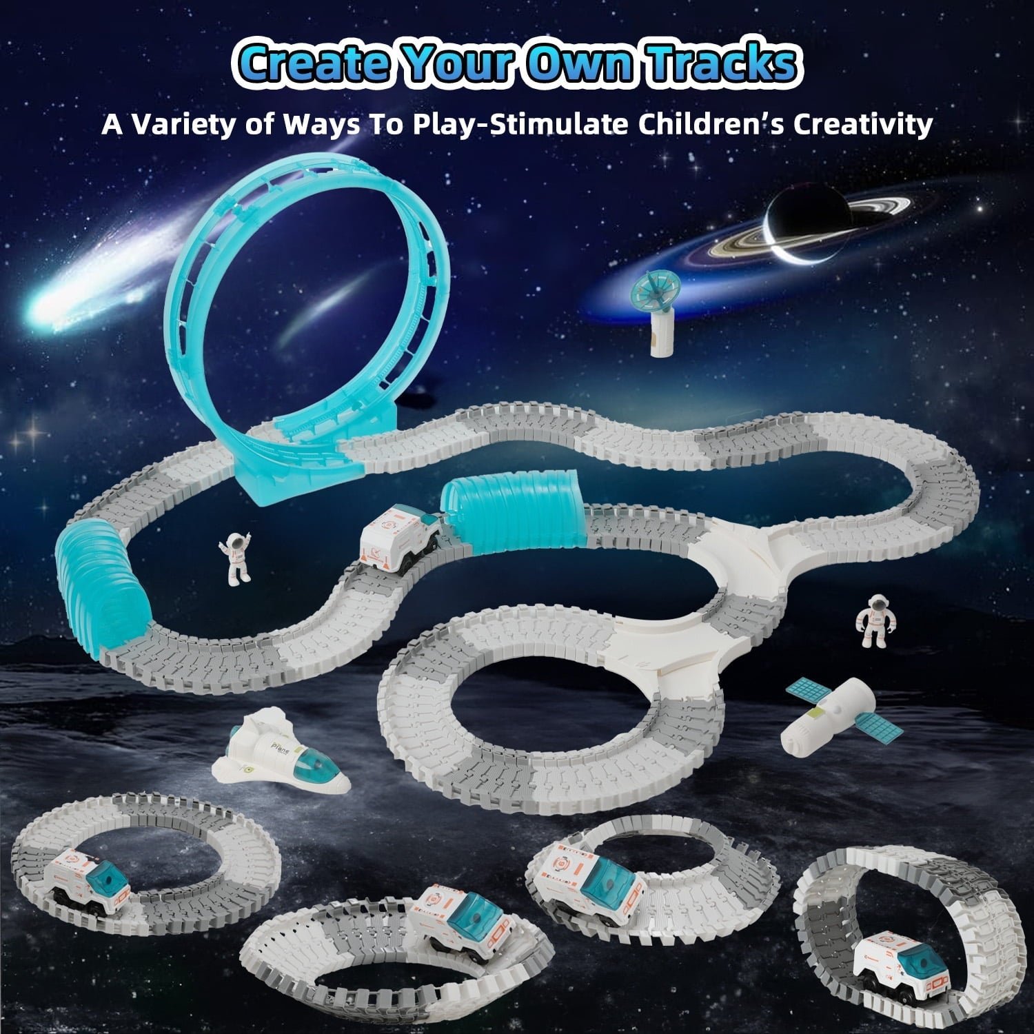 Petbank Space Toys for Kids, 233PCS STEM Train Toys with Light up Car and 2 Astronaut Dolls, DIY Flexible Race Track Birthday Xmas Gifts Set for Girls & Boys Aged 3-10