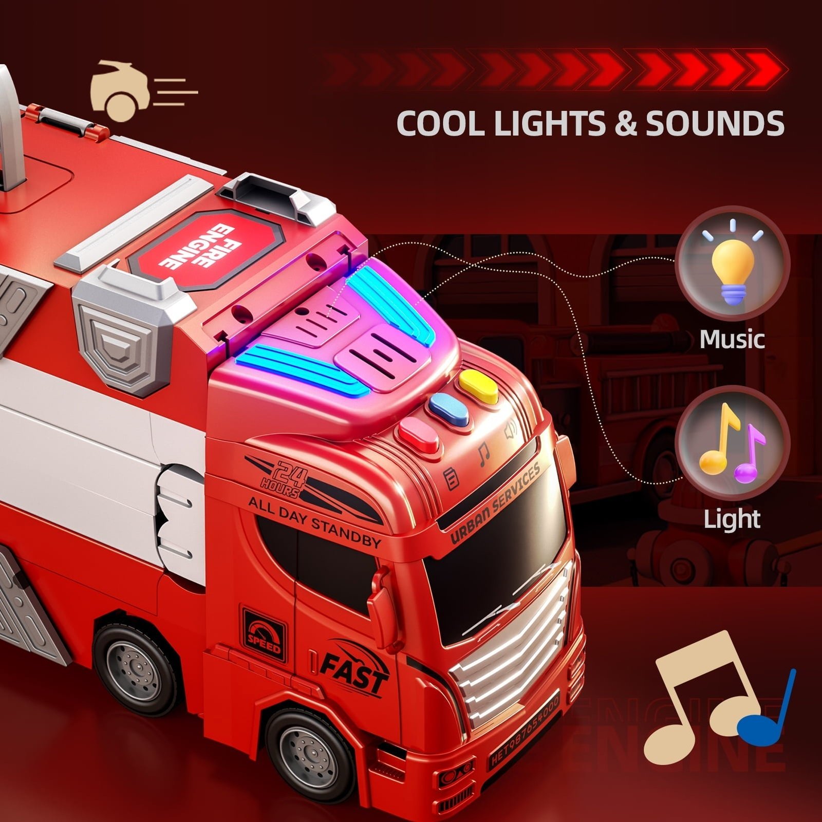 Jiakora Fire Engine Transport Truck Car Toy for Kids, 3-in-1 Ejection Folding Track Toys, Portable Truck with 20 Race Cars, Best Gift for Boys Girls Kids