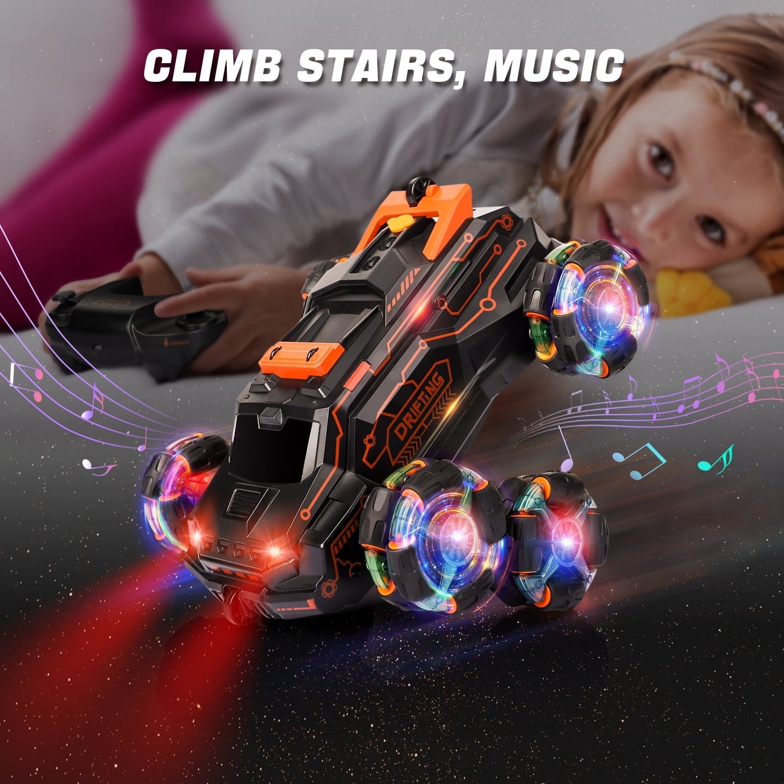 Vecukty Remote Control Car, RC Stunt Car with Gesture Control, Simulated Exhaust Spray, Suitable The Best Christmas Birthday Gift for 5-15 Year Old, Orange
