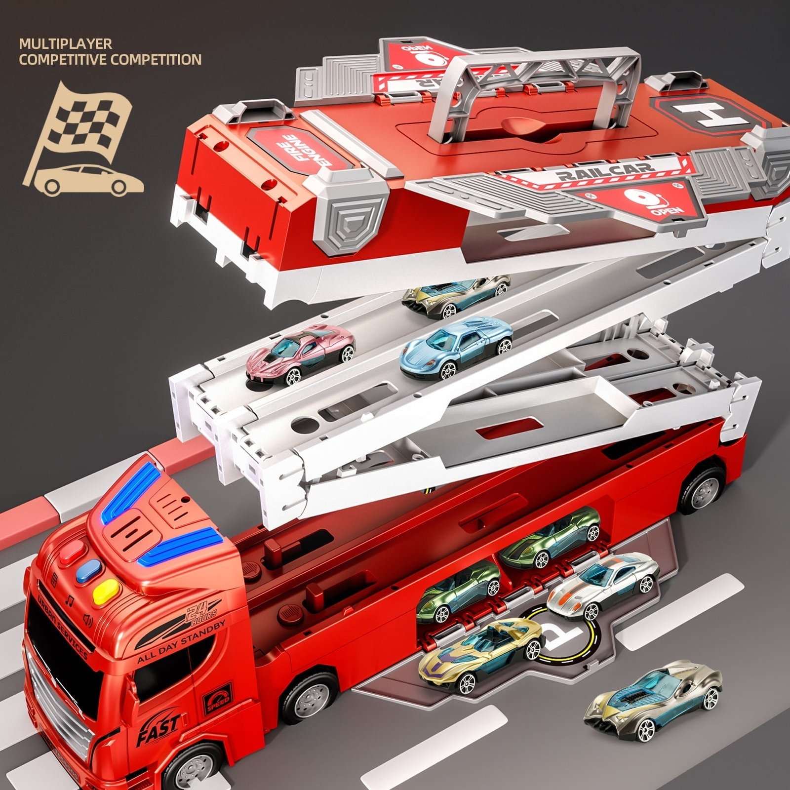 Jiakora Fire Engine Transport Truck Car Toy for Kids, 3-in-1 Ejection Folding Track Toys, Portable Truck with 20 Race Cars, Best Gift for Boys Girls Kids