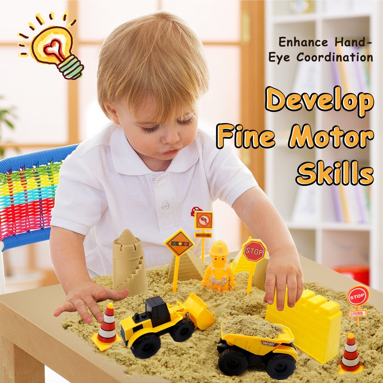 DR.Planzen Play Construction Moving Sand Kit - Sensory Bin with 2lbs Moving Sand 3 Large Construction Trucks,16 Construction Toys & Signs,4 Castle Molds,Sensory Toys for Children