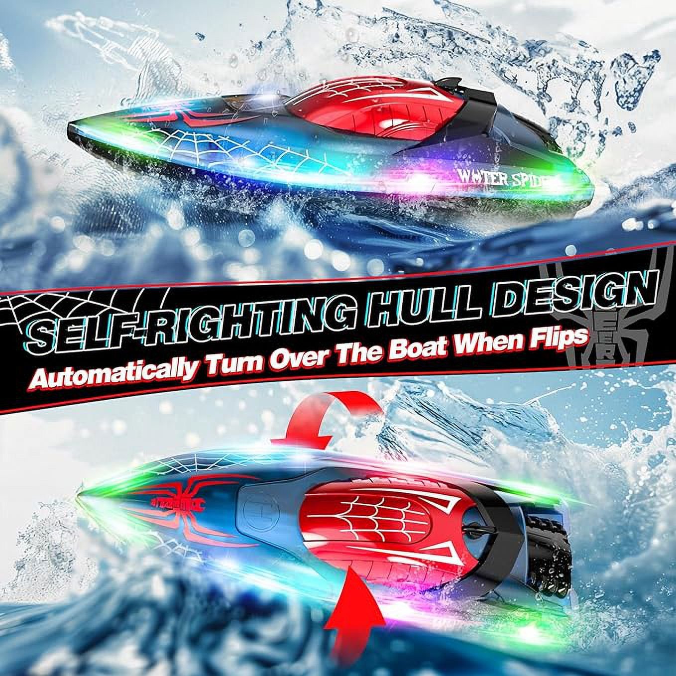 JoyStone RC Boat for Pools and Lakes, 2.4G 15+ MPH Fast Remote Control Boat with LED Lights, Racing Boats for Kids & Adults with 2 Rechargeable Battery, Gifts for Boys Girls (Red)
