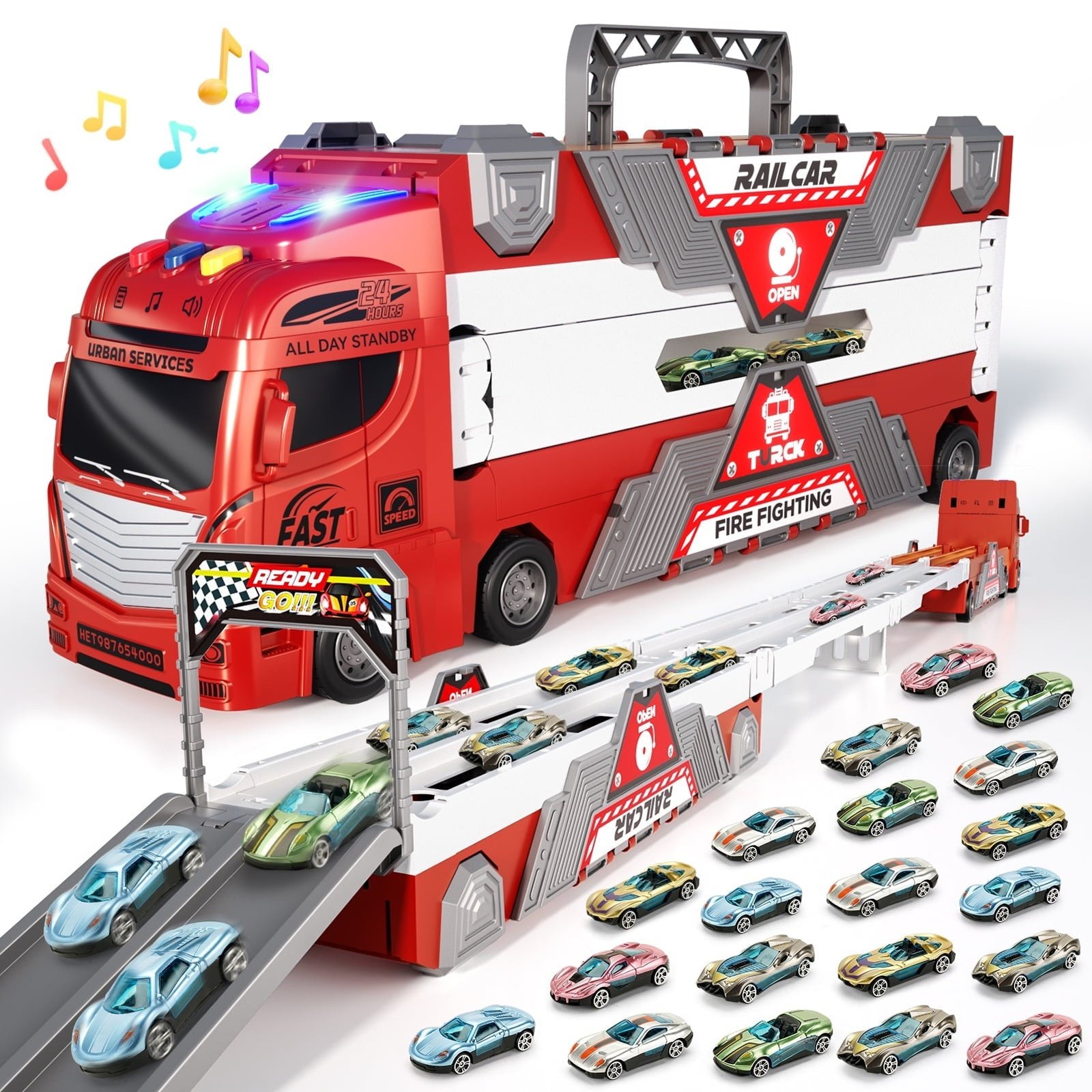 Jiakora Fire Engine Transport Truck Car Toy for Kids, 3-in-1 Ejection Folding Track Toys, Portable Truck with 20 Race Cars, Best Gift for Boys Girls Kids