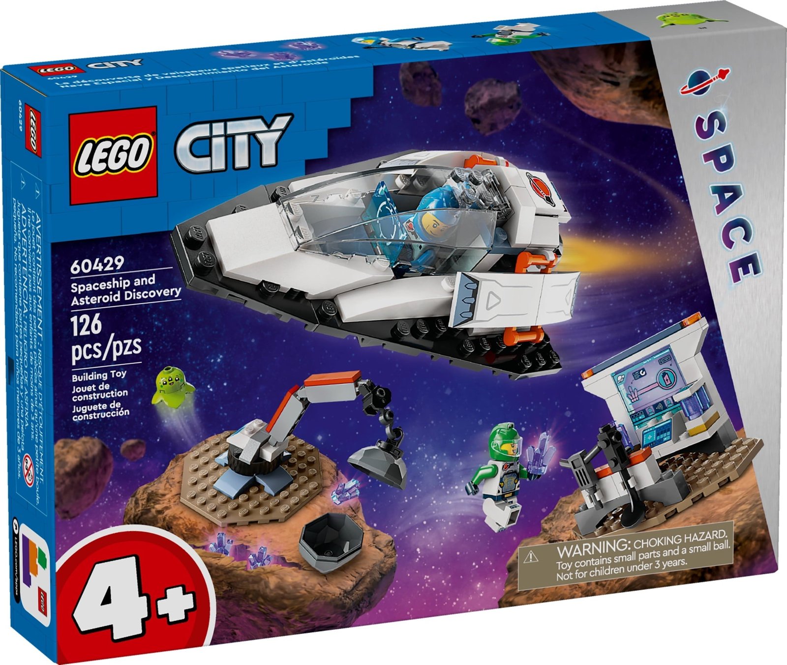 LEGO City Spaceship and Asteroid Discovery Toy Building Set, Gift for Kids Ages 4 Years Old and Up who Love Pretend Play, Includes 2 Space Crew Minifigures, Alien, Crystals, and Crane Toy, 60429
