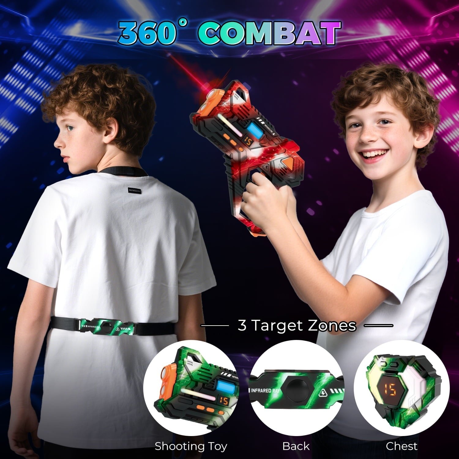 Huge Wave Shooting Tag Set of 4 with Vests & Back Receiver, Rechargeable Infrared Blasters, Indoor & Outdoor Family Games Teens Group Activity, Birthday Gift for Kids Ages 6-12