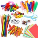 800Pcs DIY Art Craft Kit for Kids Creative Pompoms Pipe Cleaners Feathers Wiggle Googly Eyes Sequins Buttons Colorful Wooden Sticks Colorful Construction Paper School Projects Party Supplies