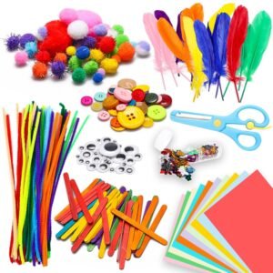 800Pcs DIY Art Craft Kit for Kids Creative Pompoms Pipe Cleaners Feathers Wiggle Googly Eyes Sequins Buttons Colorful Wooden Sticks Colorful Construction Paper School Projects Party Supplies