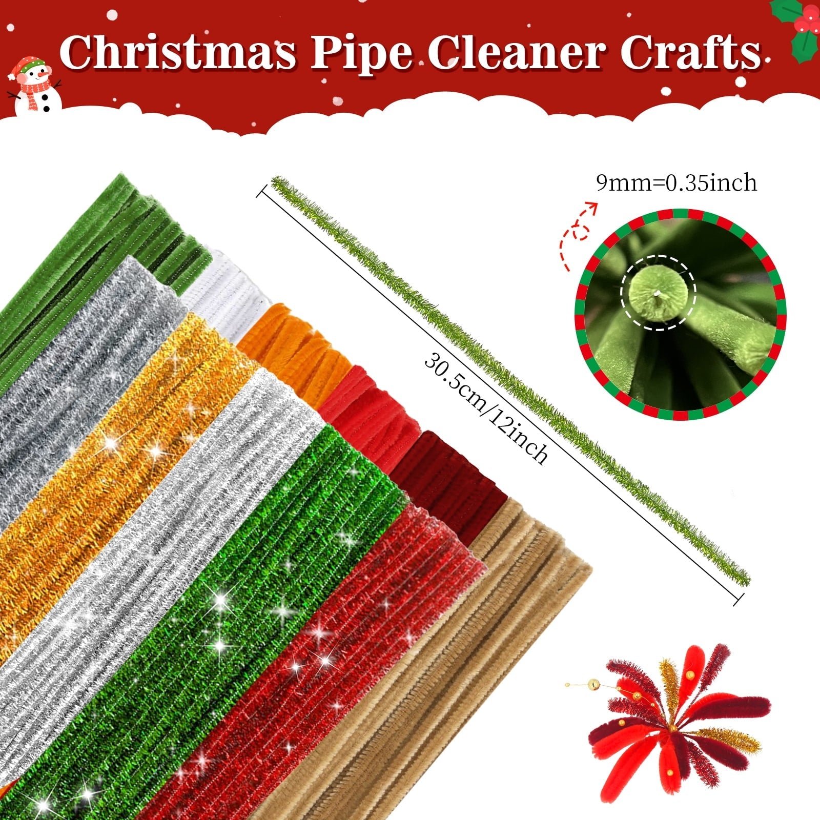 MQUPIN 464 Pcs Christmas Pipe Cleaners Craft and Includes a Variety of Accessories,11 Colors Pipe Cleaners Glitter Chenille Stems Creative Arts Chenille Stems for DIY Craft Christmas Decoration
