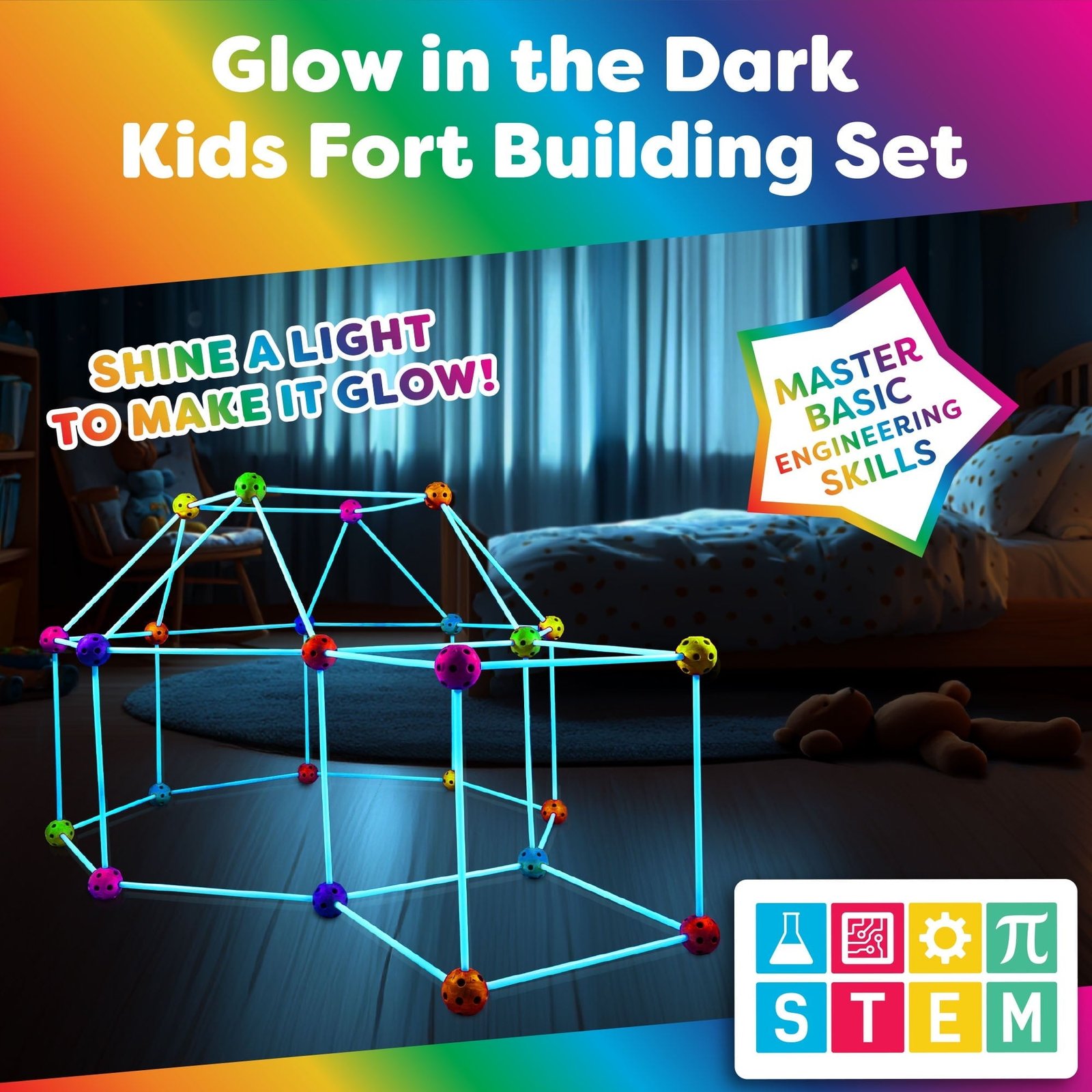 Power Your Fun Forts Construction Set, 90 Pieces Glow in the Dark Building Set with Stickers, Kids Toy for 4+ Years