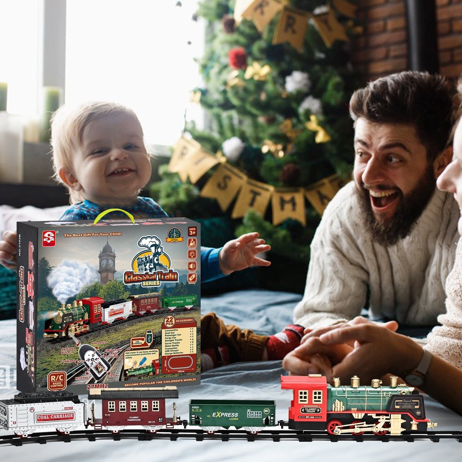 Train Set Toy, Remote RC Train Set Locomotive Rechargeable W/ Smoke, Lights, Sounds Railway for Boys Girls Age 3 4 5 6 + Kids