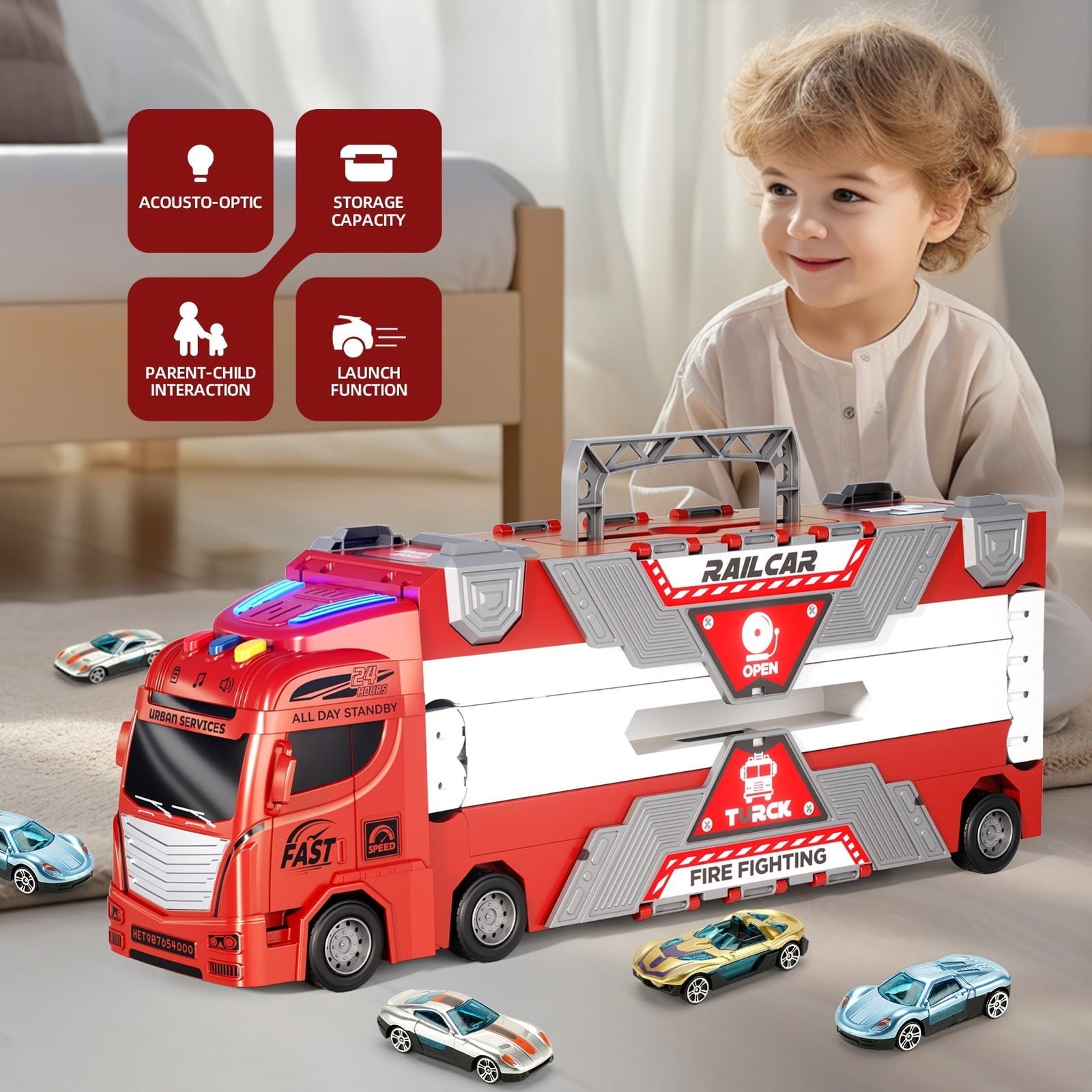 Jiakora Fire Engine Transport Truck Car Toy for Kids, 3-in-1 Ejection Folding Track Toys, Portable Truck with 20 Race Cars, Best Gift for Boys Girls Kids