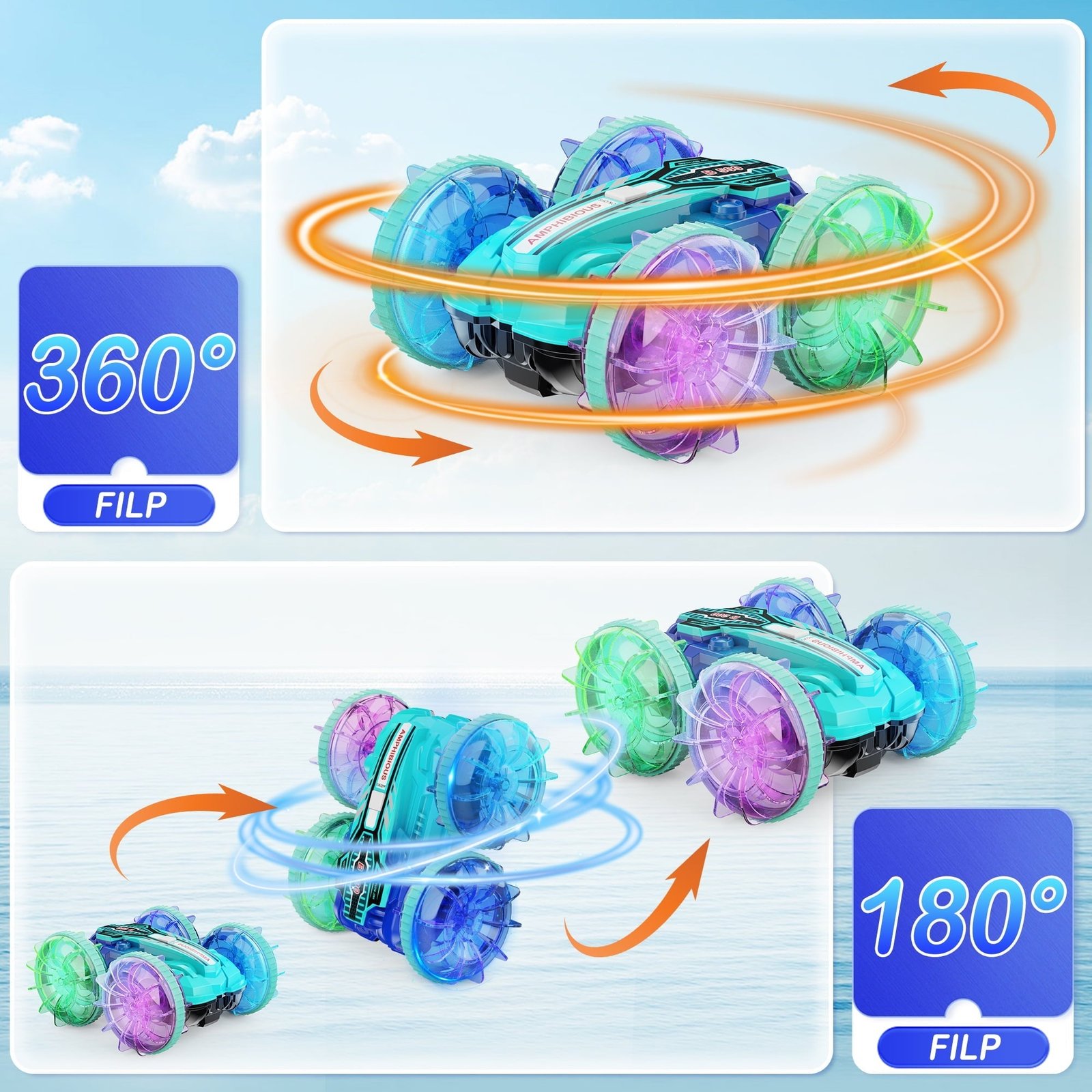 UUGEE Remote Control Cars, RC Car Toys for Kids 8+ Years Old Boys Girls Gifts, 4WD Gesture 360° Rotating Drift Amphibious RC Stunt Cars Boat with LED Lights - Blue