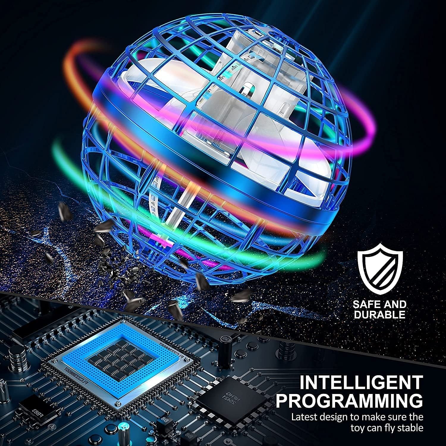 Flying Orb Ball Toys Hover Ball DIY Globe Shape Magic Controller Mini Drone Floating Toy 360°Rotating Boomerang Ball,Built-in RGB Led Lights Spinner Toys for Kids Adults Outdoor Indoor Gift(Blue)