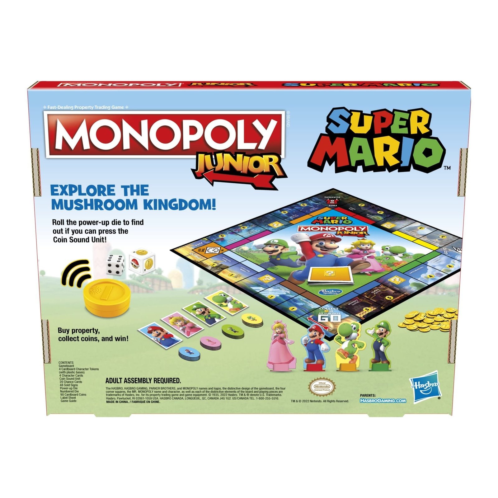 Monopoly Junior Super Mario Edition Board Game, Fun Kids' Ages 5 and Up, Explore The Mushroom Kingdom as Mario, Peach, Yoshi, or Luigi ( Exclusive)