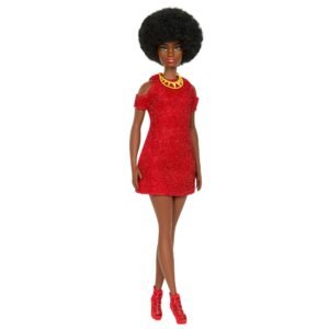 Barbie Fashionistas Doll #221 with Natural Black Hair, Red Dress & Accessories, 65th Anniversary