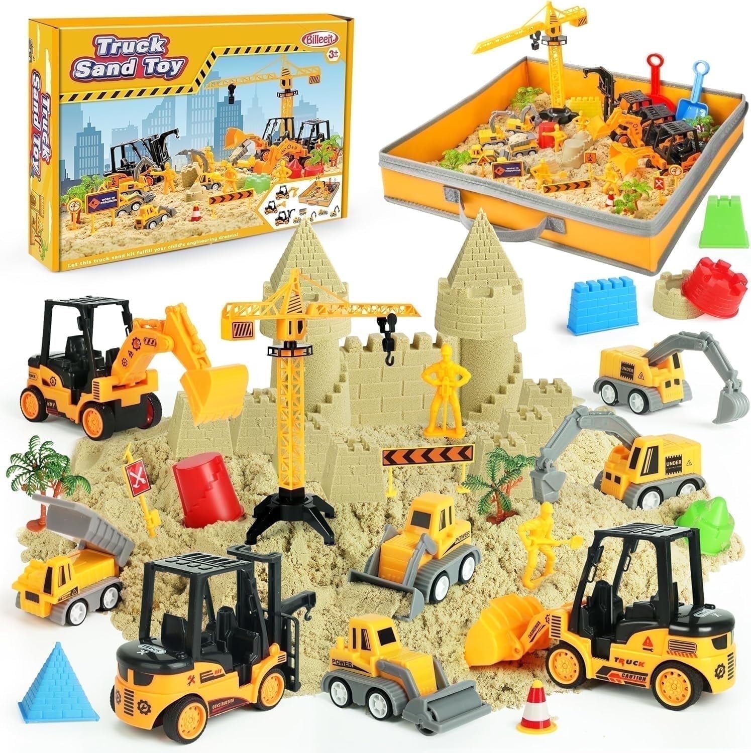 Billeeit Sand Construction Kit with 2.2lbs Play Sand, Large Foldable Sandbox, Construction Trucks, Castle Molds, and 36PCS Total Accessories, Creative Sand Play Set for Kids Ages 3+