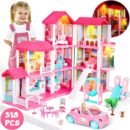 Freecat 38.5" Dollhouse for Girl, 9 Room, 2 Dolls, Elevator, Car& Furniture Accessories, Toy for Girl 3 4 5 6 7 8+ Year Old Kids, Girls Christmas Toy Gifts.(Pink)