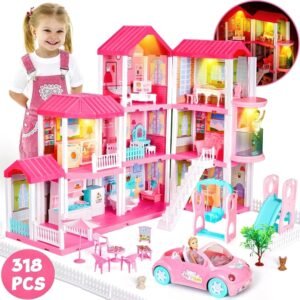 Freecat 38.5" Dollhouse for Girl, 9 Room, 2 Dolls, Elevator, Car& Furniture Accessories, Toy for Girl 3 4 5 6 7 8+ Year Old Kids, Girls Christmas Toy Gifts.(Pink)