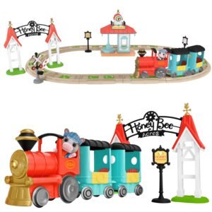 Honey Bee Acres Thistlestop Electric Train Station Set – Motorized Engine, Realistic Lights & Sounds, Poseable Cow Figure, 19 Pieces for Ages 3+