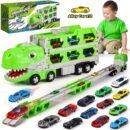 Huge Wave Toy Trucks Cars for Boys, Dinosaur Transport Race Set, with 66-Inch Ejection Track, 12 Die-Cast Metal Cars, Christmas Gifts for Kids for 3-8 Years Old