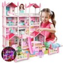 JoyStone Play Dollhouse with Doll Toy Figures, 14 Rooms Furniture and Colorful Lights, Creative Doll House Gift for Girls Ages 3+, Assemble Required, Pink