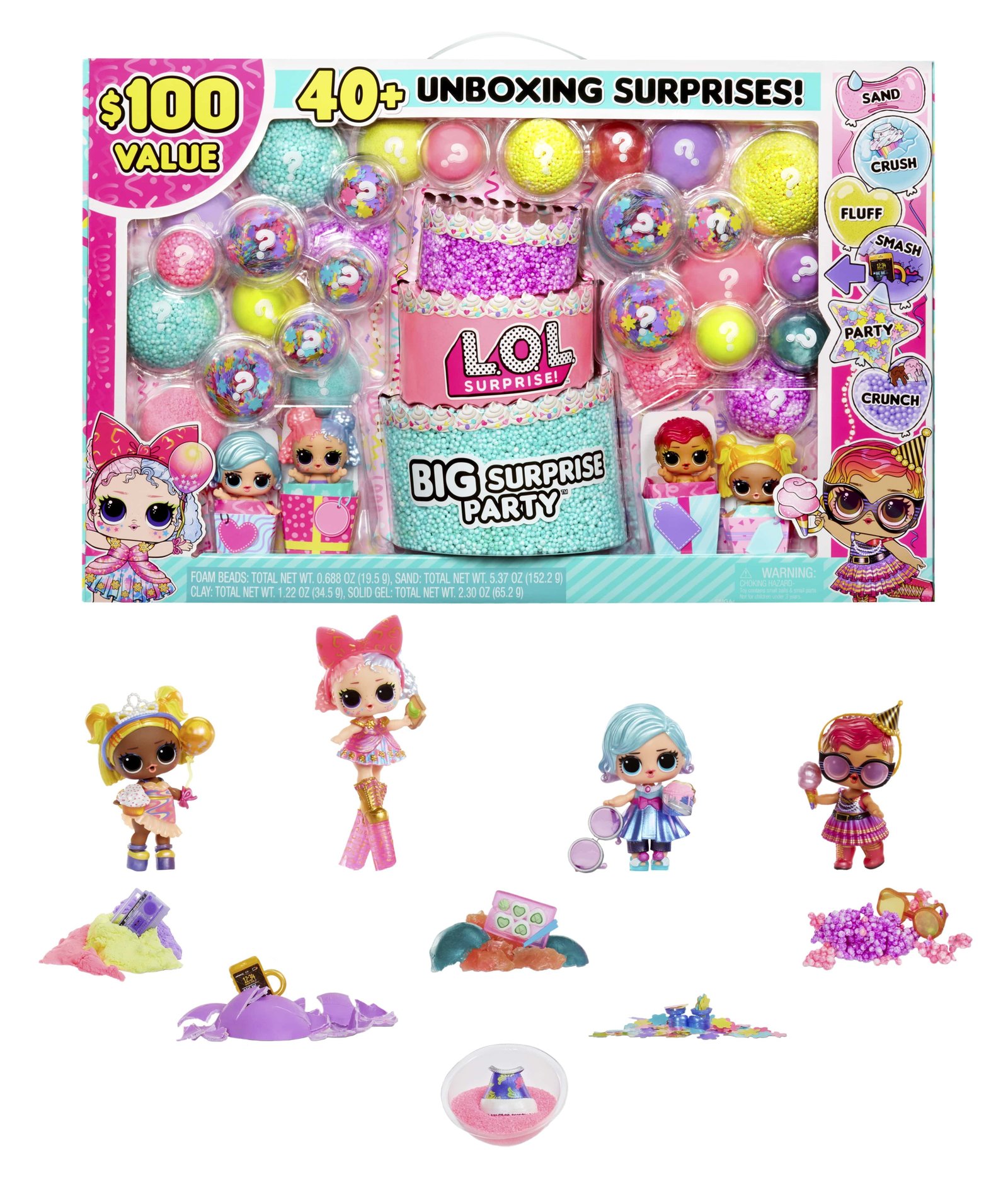 LOL Surprise Big Surprise Party, 4 Collectible Dolls, 6 Unboxing Experiences, Sand, Gel Crush, Shell Smash, Girls 4+