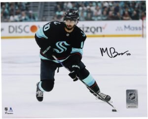 Matty Beniers Seattle Kraken Autographed 8" x 10" Navy Jersey with Puck Photograph - Fanatics Authentic Certified
