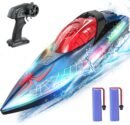 JoyStone RC Boat for Pools and Lakes, 2.4G 15+ MPH Fast Remote Control Boat with LED Lights, Racing Boats for Kids & Adults with 2 Rechargeable Battery, Gifts for Boys Girls (Red)