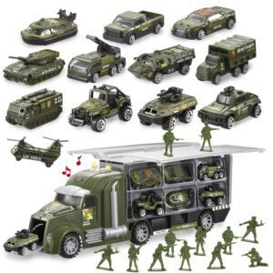 Joyfy 25 in 1 Die-cast Military Army Play Vehicle Set, Vehicles with Sounds and Lights in Carrier Truck, Push and Go Car Toy, Kids Christmas Birthday Gifts for 3 4 5 6 Years Old Boys