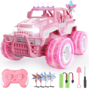 YCFUN Remote Control Car for Girls, 1:16 Pink RC Jeep Car with Lights, 2 Dolls, 4 Windmills & 2 Rechargeable Batteries, RC Truck Gifts for Kids