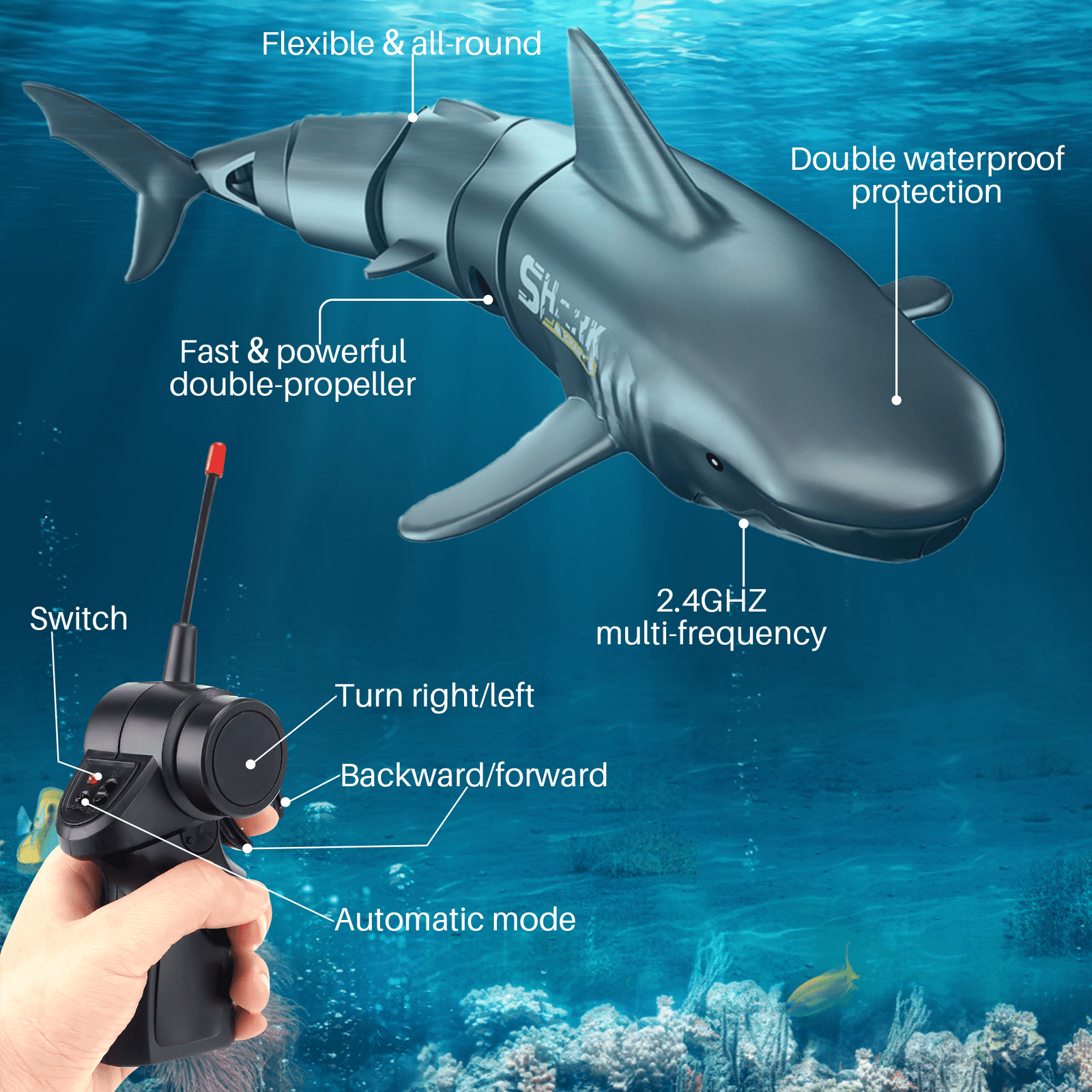 UUGEE Remote Control Shark Toys for Boys Girls, 2.4G Mimi RC Diving Shark Toy Boat Swimming Pool Toys Christmas Birthday Gifts for Kids Age 6+
