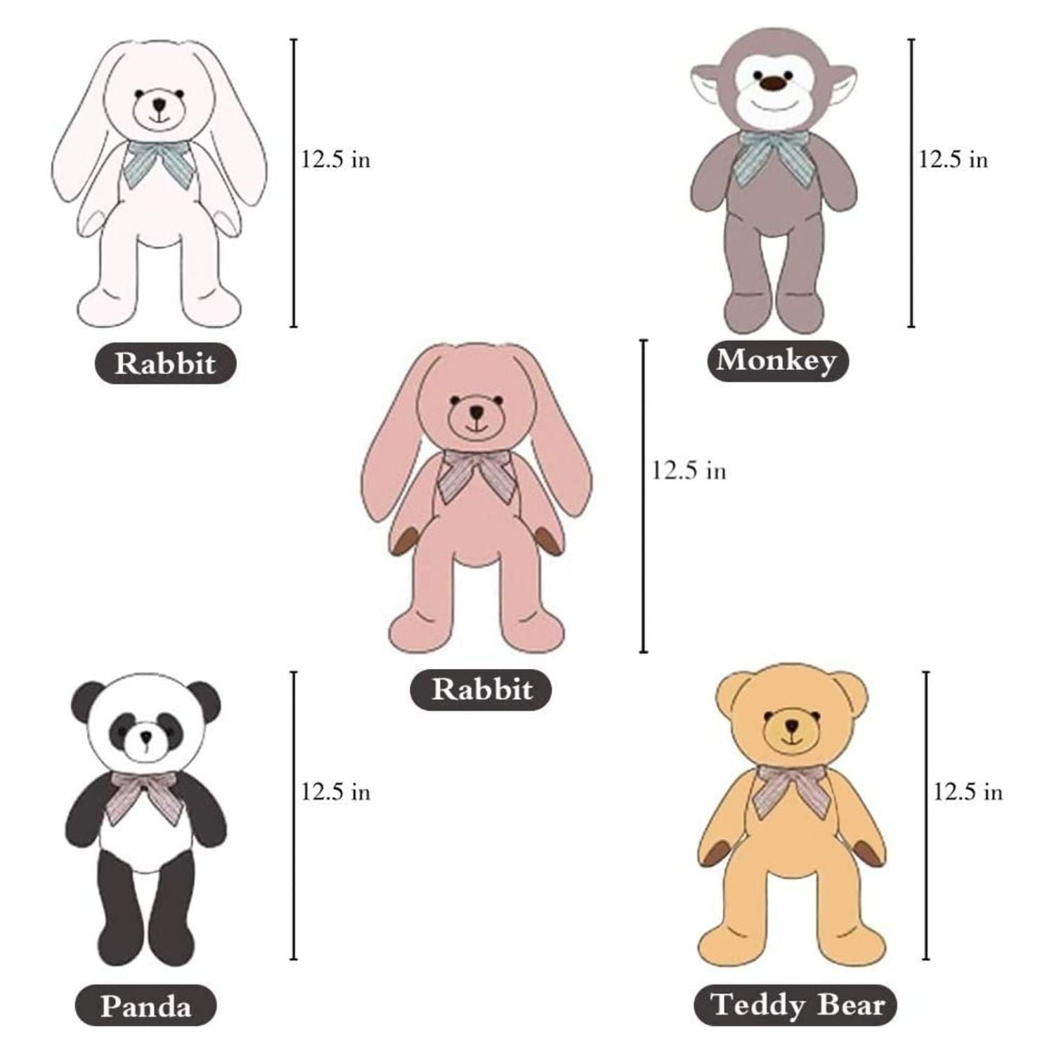 MaoGoLan 5-Packs 12.5" Soft Bulk Stuffed Animals Teddy Bear, Monkey, Panda, Rabbit (5 Packs, 5 Colors)