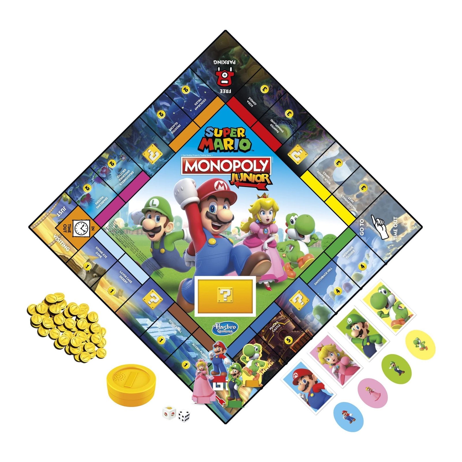 Monopoly Junior Super Mario Edition Board Game, Fun Kids' Ages 5 and Up, Explore The Mushroom Kingdom as Mario, Peach, Yoshi, or Luigi ( Exclusive)