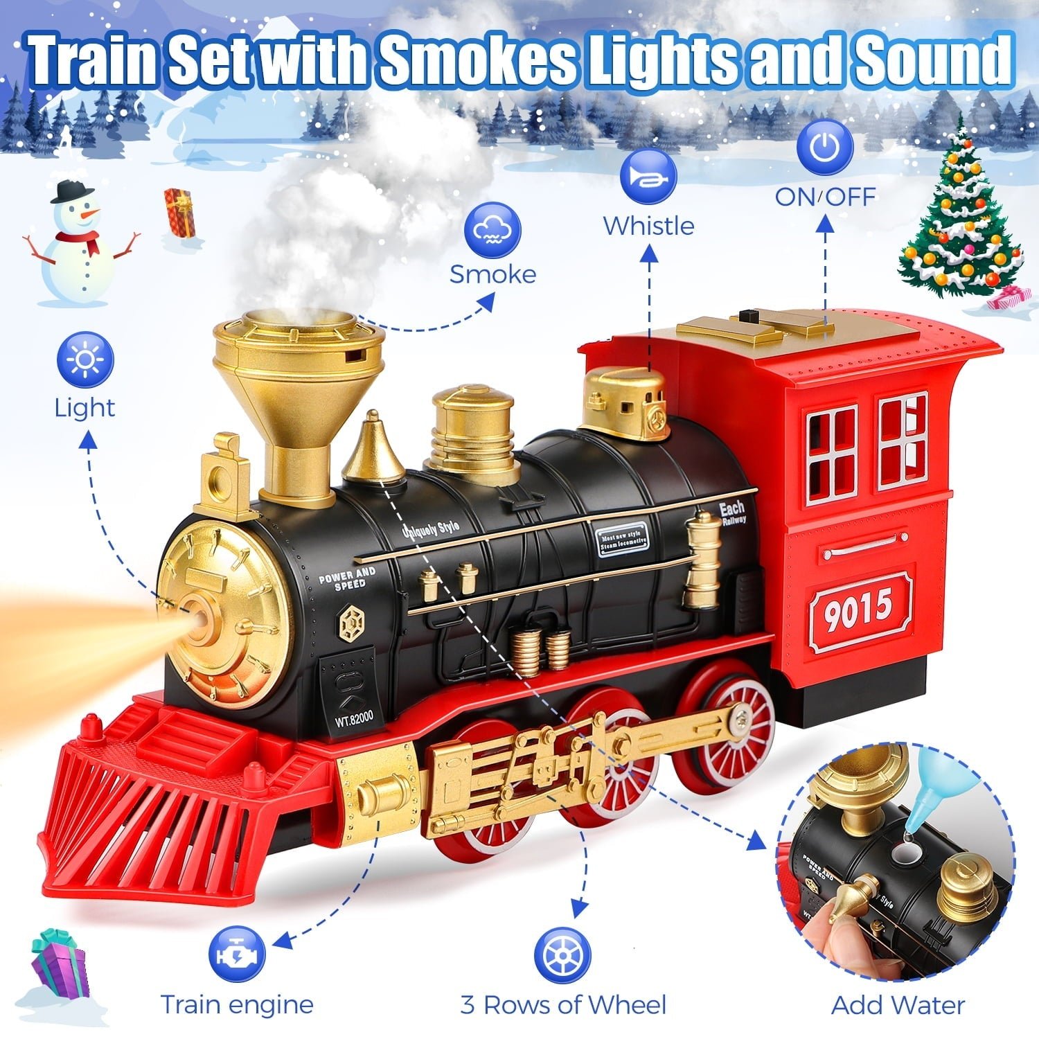 Flooyes Train Set for Boys Girls, Classic Train Toys with Smoke, Light & Sound,Under the Christmas Tree Toy Train Set, Christmas Birthday Gift for Kids 3+ Years Old