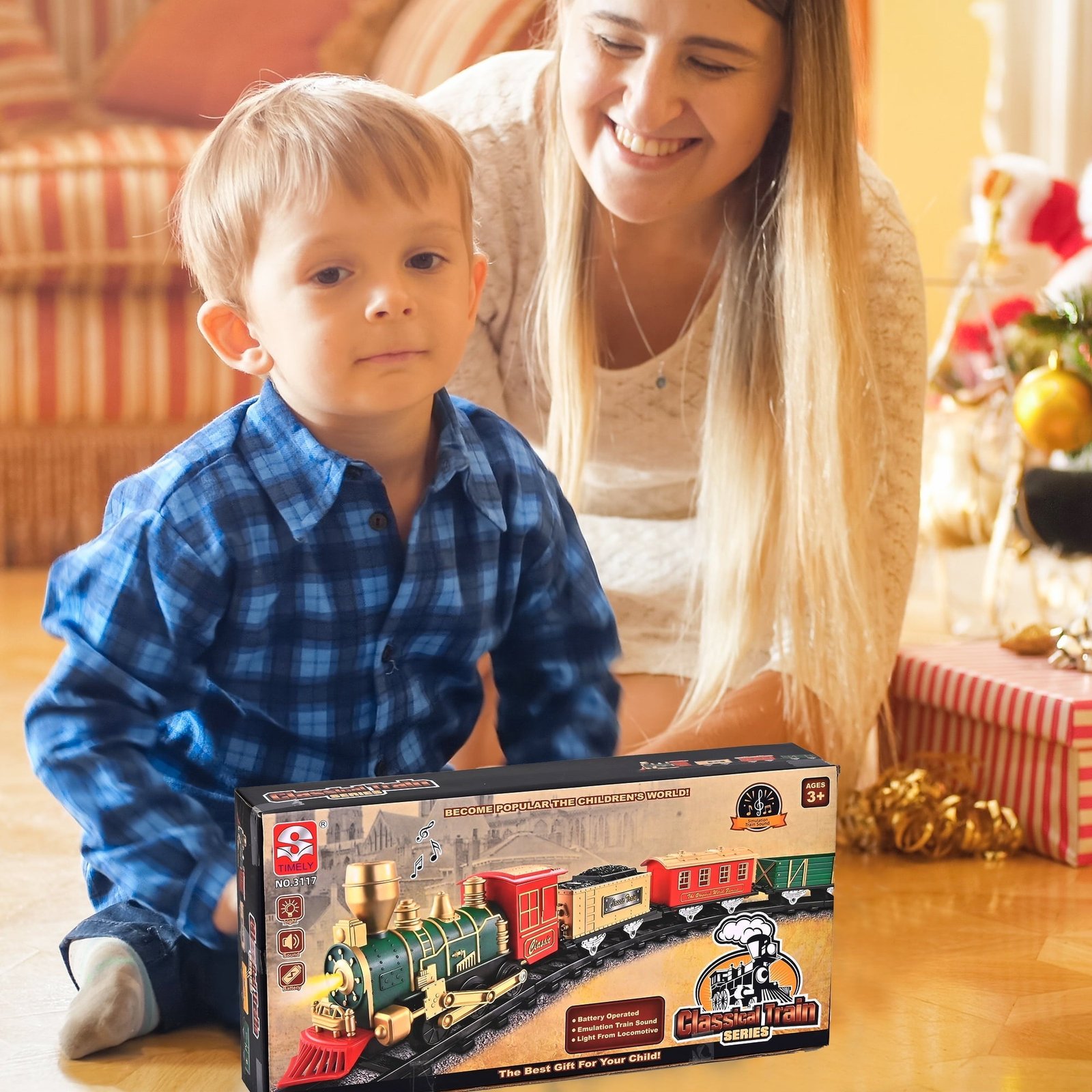 Train Set Toys- Electric Train Toy for Boys W/ Lights & Sound, Railway, Locomotive Engine, Cargo Cars, 3 Cars &10 Tracks, for 3-8