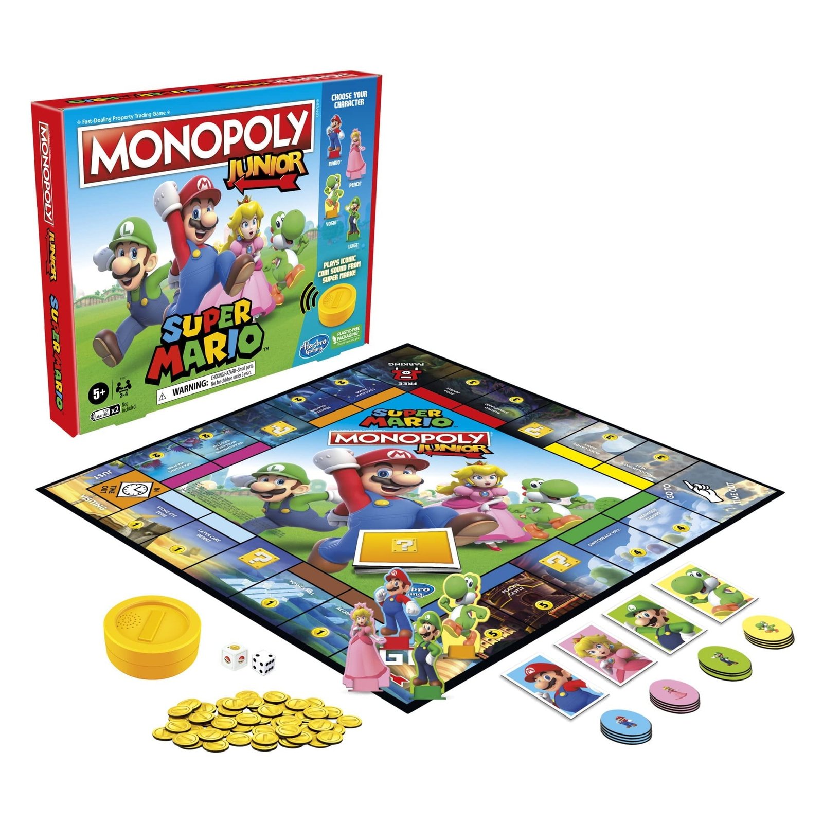 Monopoly Junior Super Mario Edition Board Game, Fun Kids' Ages 5 and Up, Explore The Mushroom Kingdom as Mario, Peach, Yoshi, or Luigi ( Exclusive)