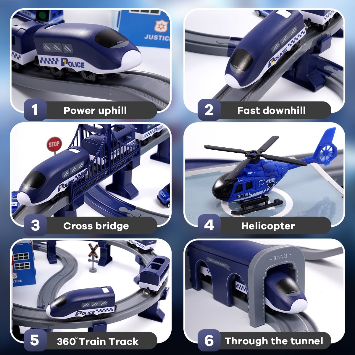 Toys Train Set for Kids, HDJ 92PCS Race Track Set for Boys Christmas Train Birthday Gift,Police Toy with Cars, Copter(Blue)