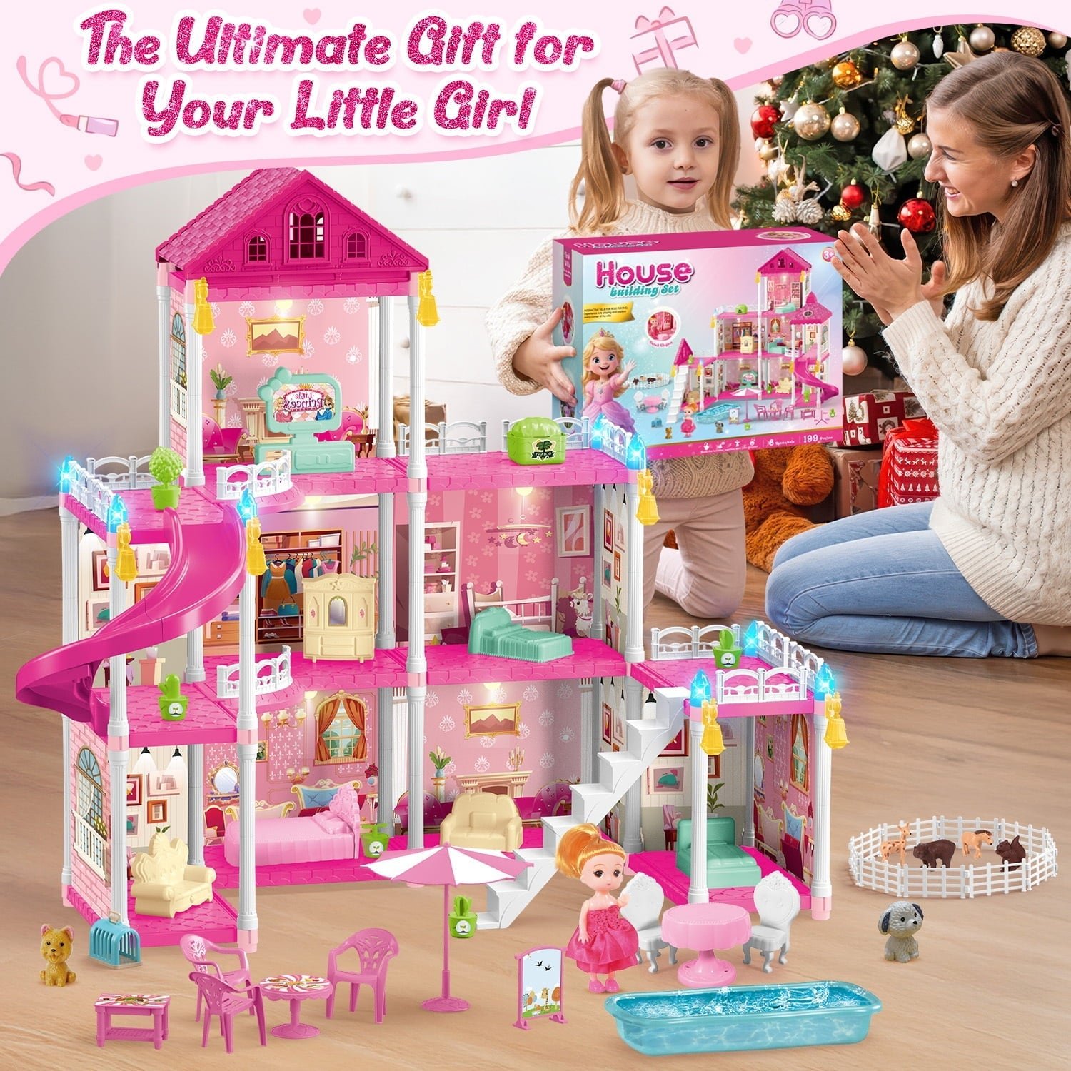 HopeRock Dollhouse Kit for Girls, 218PCS Building Toys for Girls Ages 3-6 Years, Birthday Christmas Pretend Play Gift for Little Girl.
