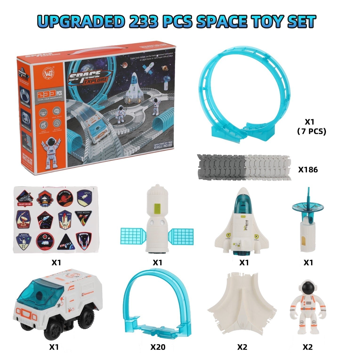 Petbank Space Toys for Kids, 233PCS STEM Train Toys with Light up Car and 2 Astronaut Dolls, DIY Flexible Race Track Birthday Xmas Gifts Set for Girls & Boys Aged 3-10