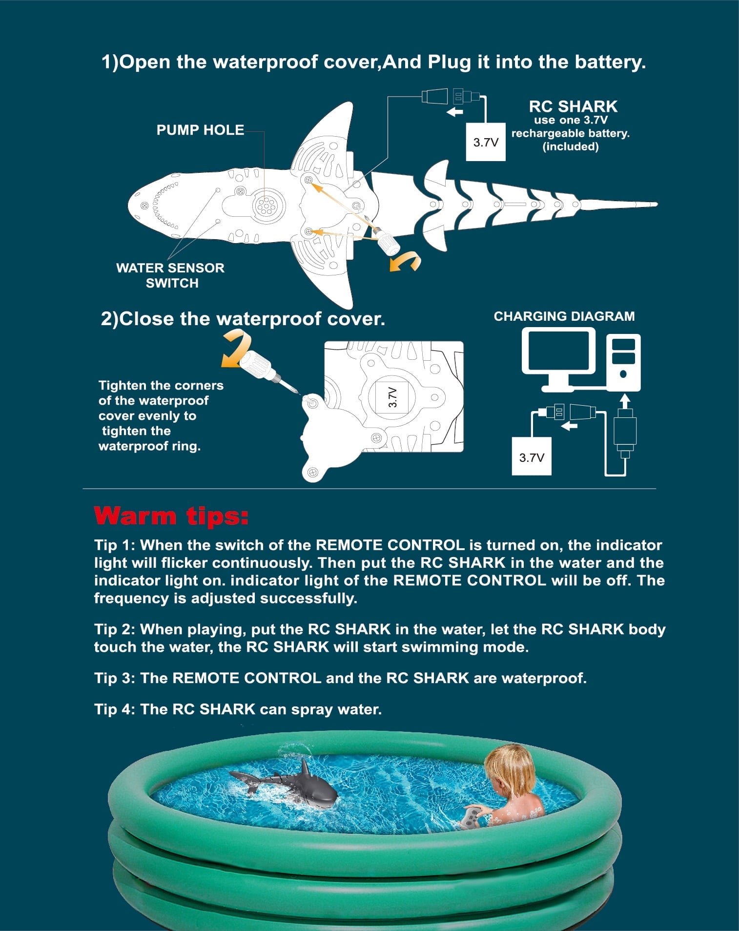 Lvelia 2.4Ghz Remote Control Shark Toys for Boys Girls,1:18 Scale High Simulation Shark for Pool, Electric RC Shark Fish Toys with Light & Spray Water Function for Kids Ages 6+,Blue