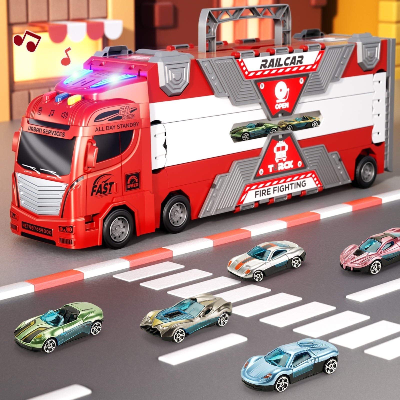 Jiakora Fire Engine Transport Truck Car Toy for Kids, 3-in-1 Ejection Folding Track Toys, Portable Truck with 20 Race Cars, Best Gift for Boys Girls Kids